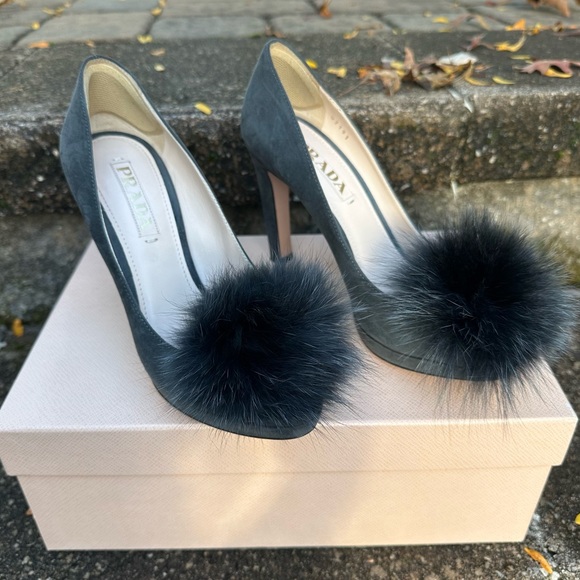 Prada Anthracite Suede Fur Pom Peep Toe Heels - Picture 2 of 7